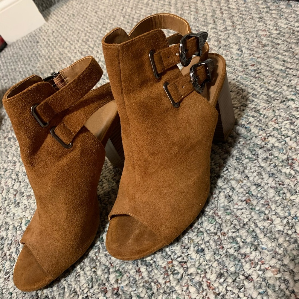 Faux suede buckled bootie peep toe sandals
